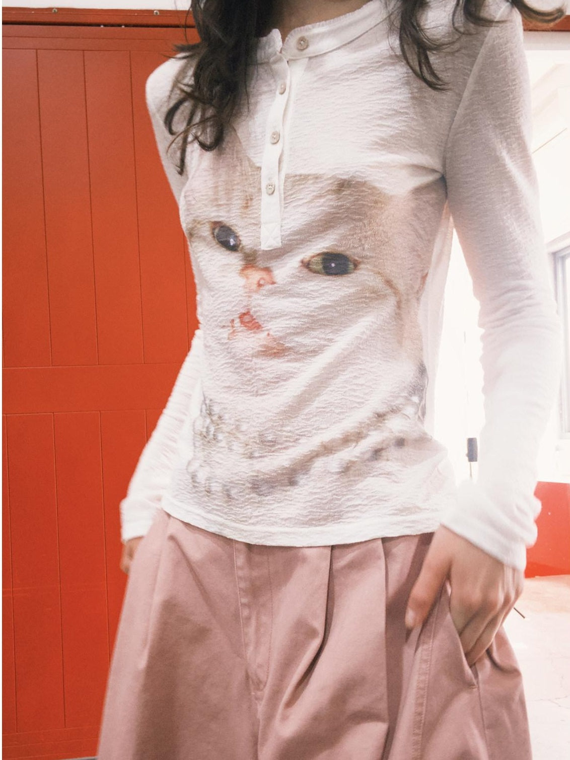 OuttheBlue Soft Wool Lyocell Slim Fit Casual Printed Women Pearl White Long Sleeve T-Shirts