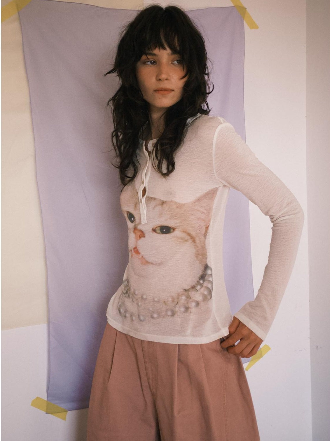 OuttheBlue Soft Wool Lyocell Slim Fit Casual Printed Women Pearl White Long Sleeve T-Shirts
