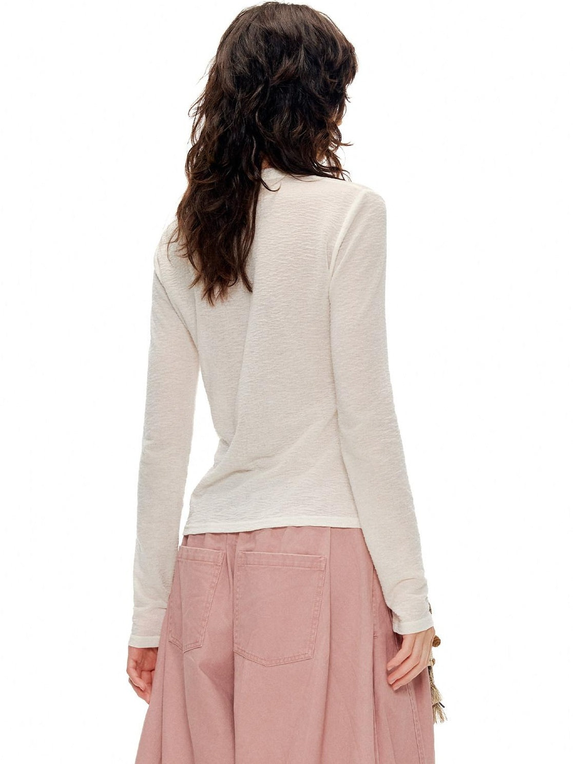 OuttheBlue Soft Wool Lyocell Slim Fit Casual Printed Women Pearl White Long Sleeve T-Shirts