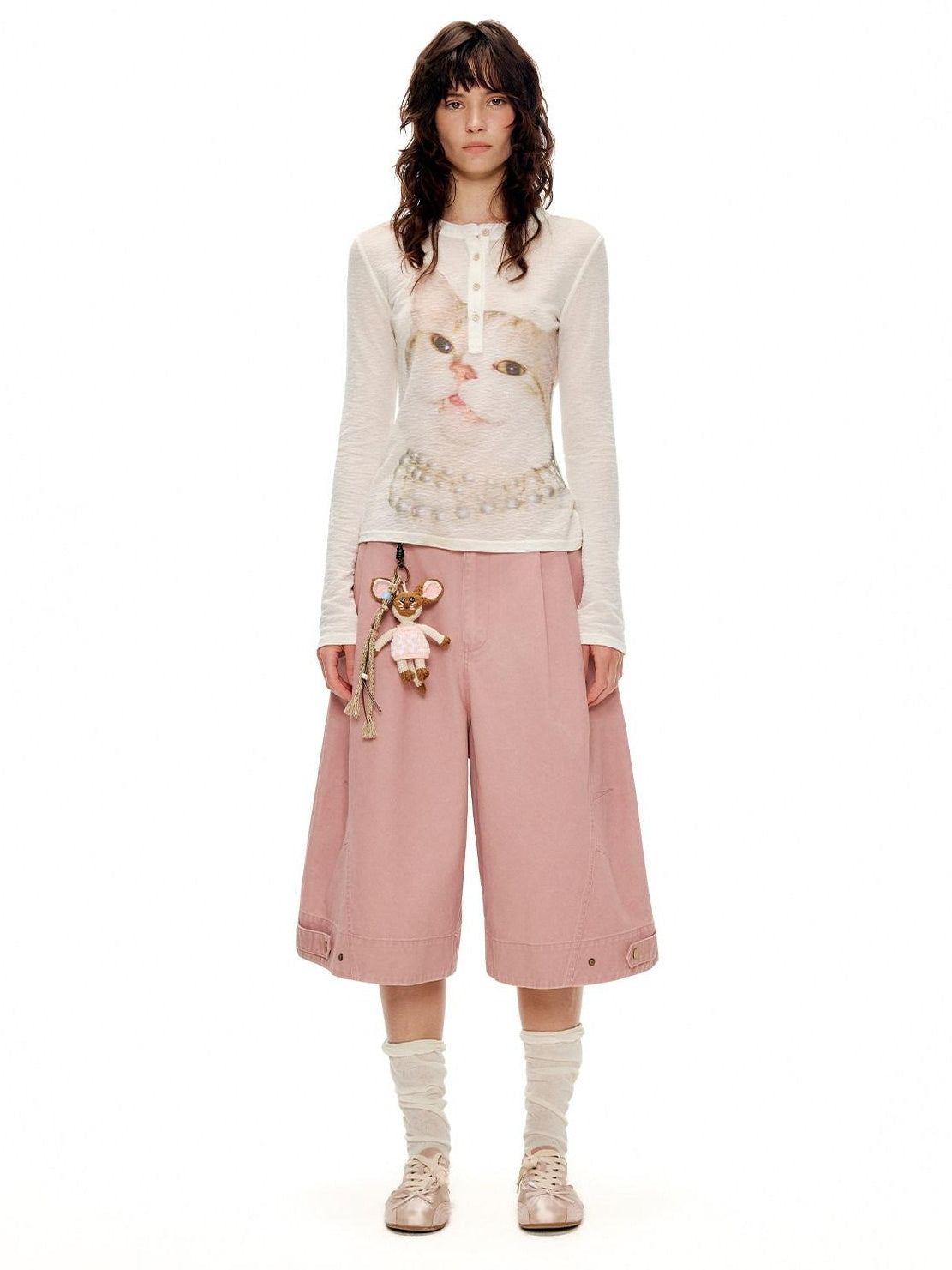 OuttheBlue Soft Wool Lyocell Slim Fit Casual Printed Women Pearl White Long Sleeve T-Shirts