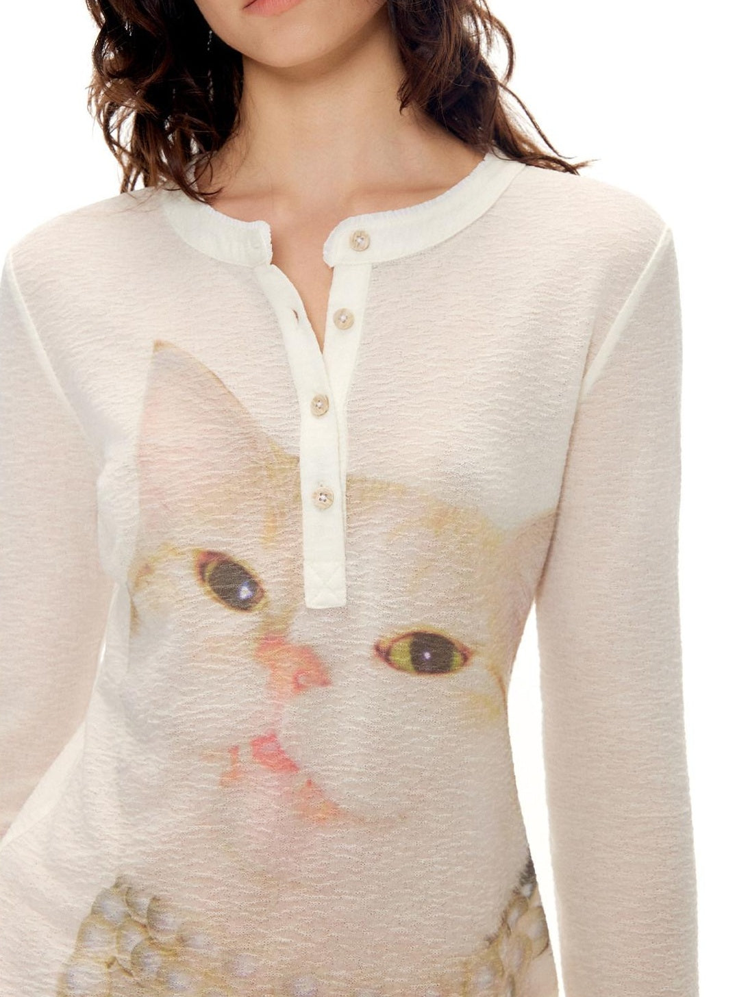 OuttheBlue Soft Wool Lyocell Slim Fit Casual Printed Women Pearl White Long Sleeve T-Shirts