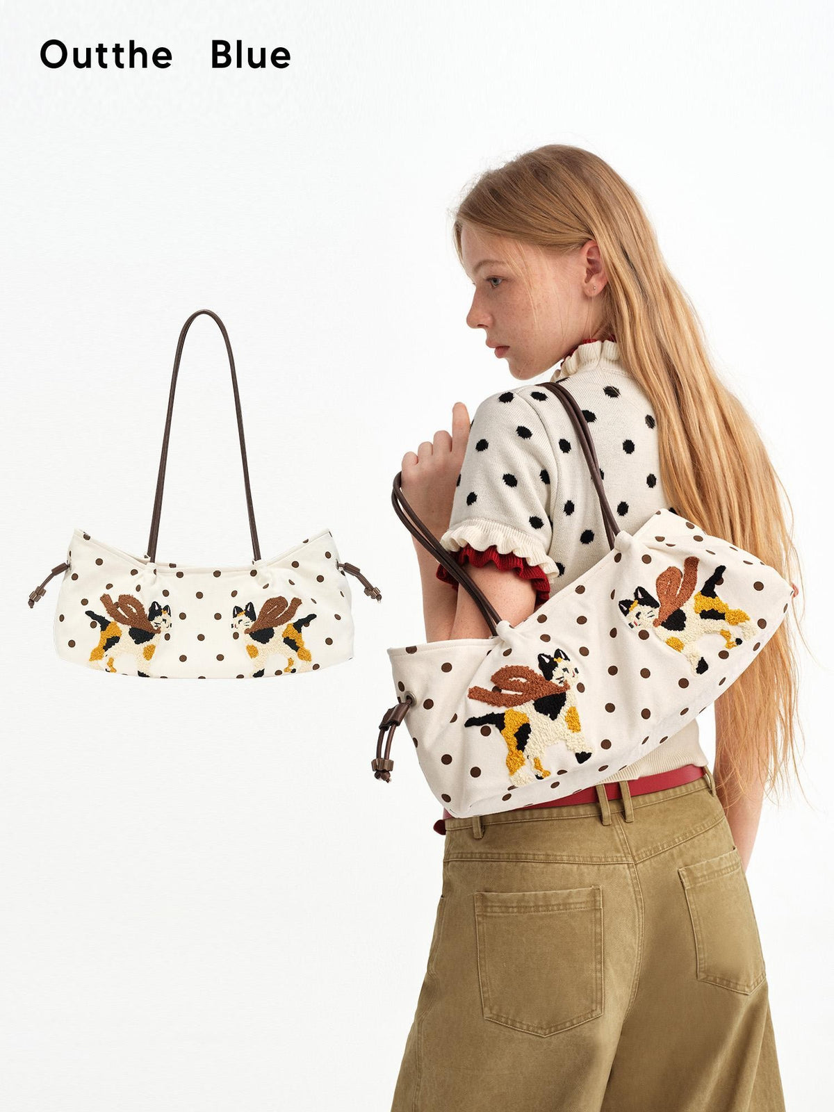 OuttheBlue Square Cat Embroidered Suede Baguette Women&