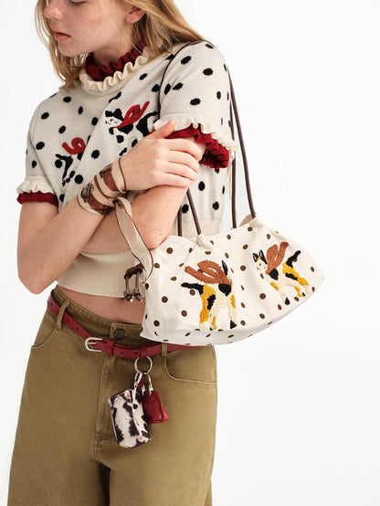 OuttheBlue Square Cat Embroidered Suede Baguette Women&