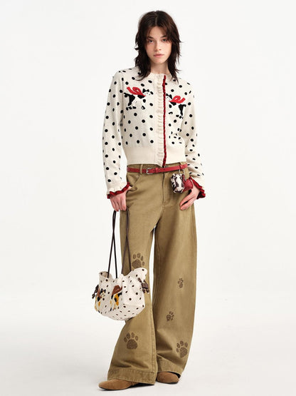 OuttheBlue Square Cat Embroidered Suede Baguette Women&