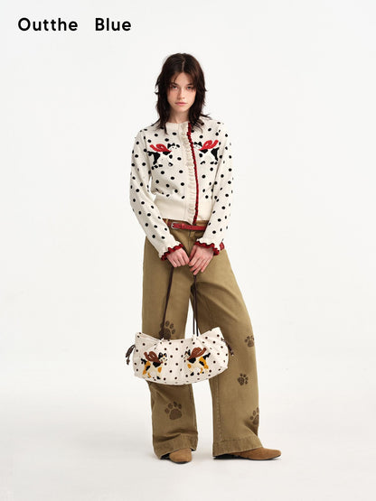 OuttheBlue Square Cat Embroidered Suede Baguette Women&