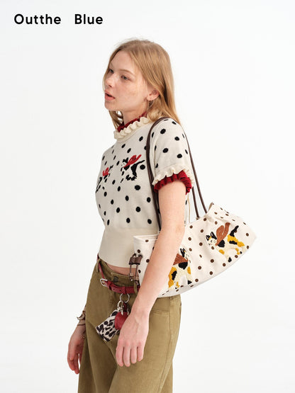 OuttheBlue Square Cat Embroidered Suede Baguette Women&