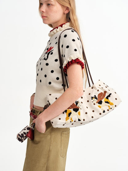 OuttheBlue Square Cat Embroidered Suede Baguette Women&