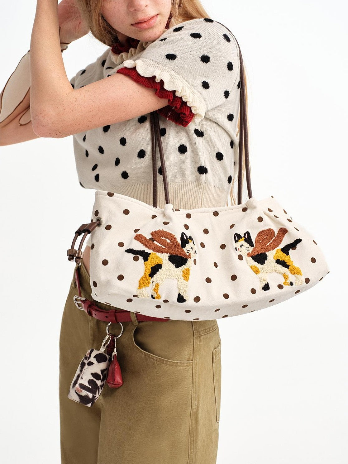 OuttheBlue Square Cat Embroidered Suede Baguette Women&
