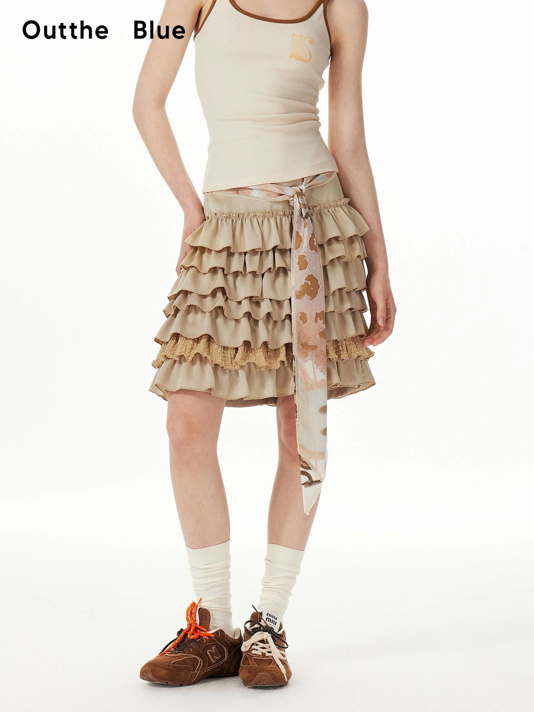 OuttheBlue Stacked Pleated Midi Cake Skirt In Khaki
