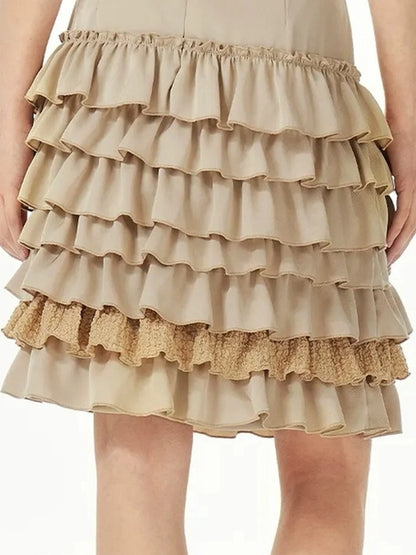 OuttheBlue Stacked Pleated Midi Cake Skirt In Khaki