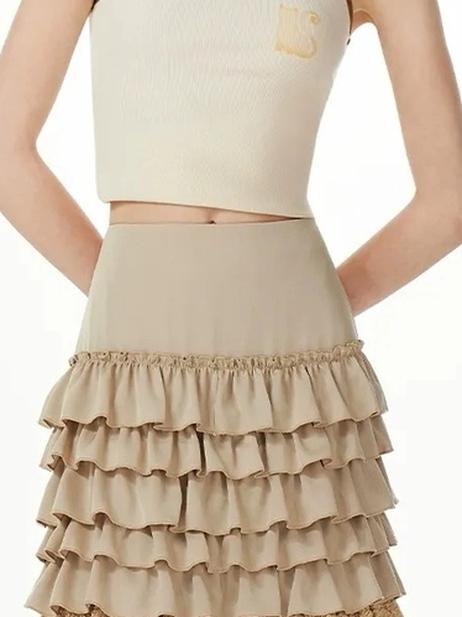 OuttheBlue Stacked Pleated Midi Cake Skirt In Khaki