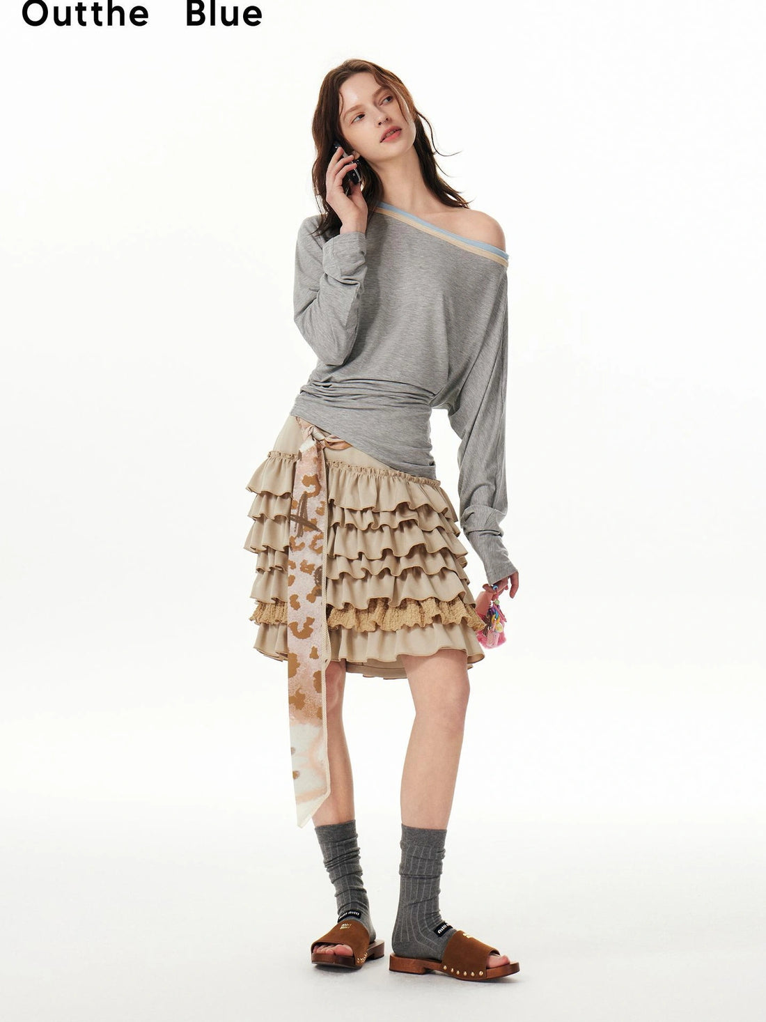 OuttheBlue Stacked Pleated Midi Cake Skirt In Khaki
