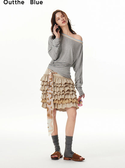 OuttheBlue Stacked Pleated Midi Cake Skirt In Khaki