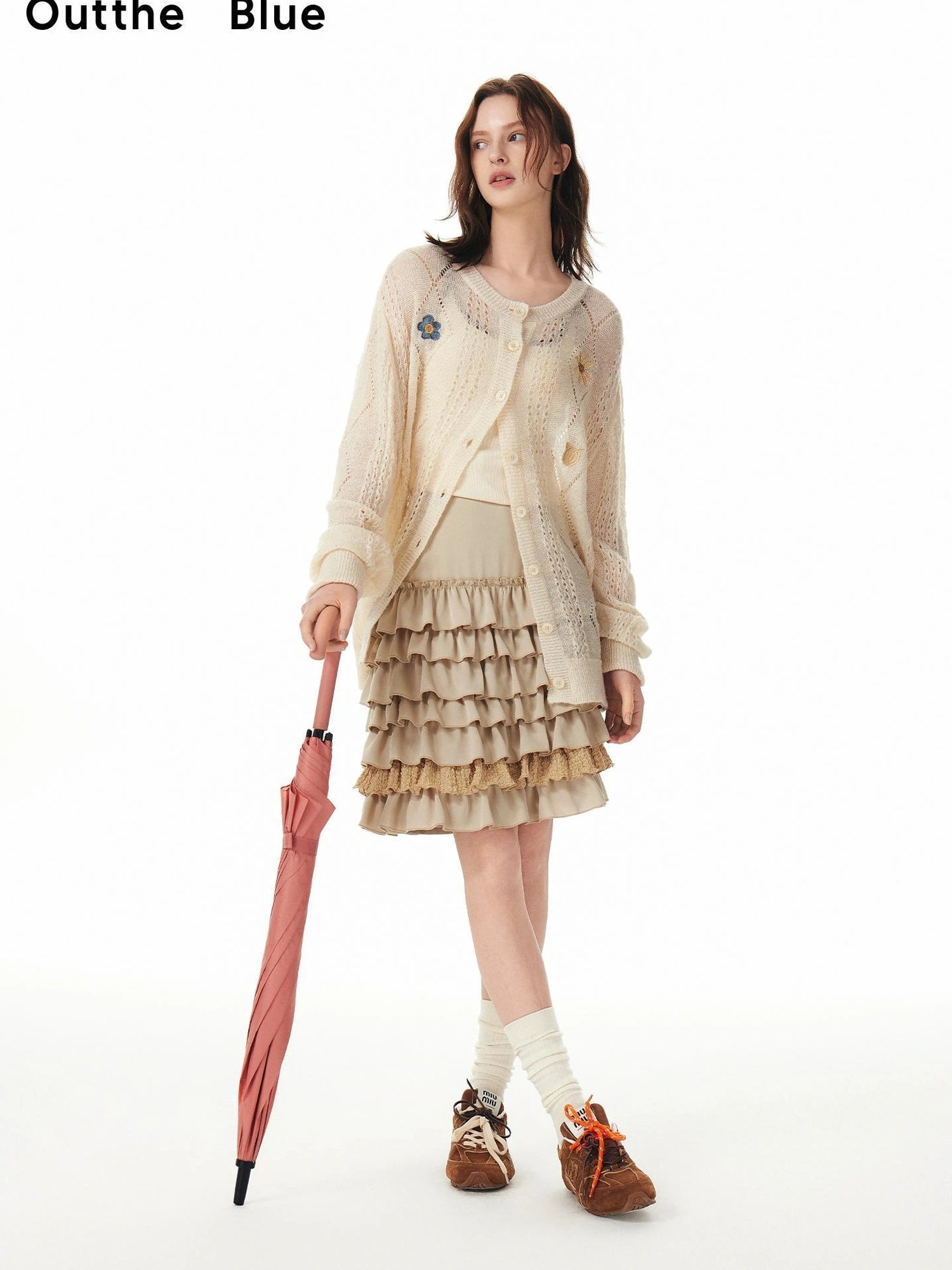 OuttheBlue Stacked Pleated Midi Cake Skirt In Khaki