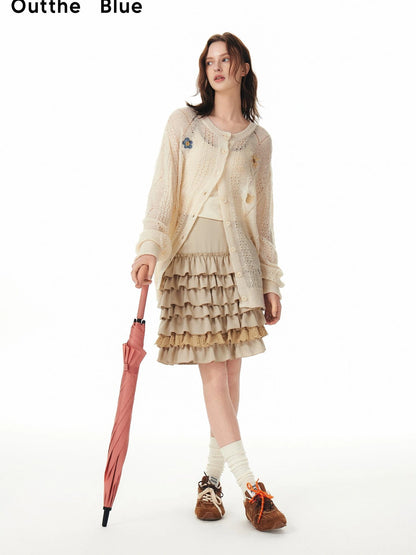 OuttheBlue Stacked Pleated Midi Cake Skirt In Khaki