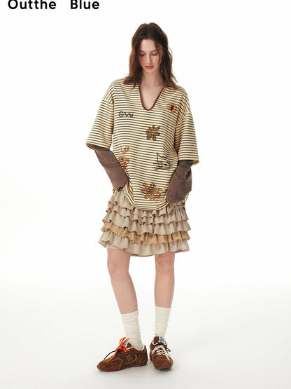 OuttheBlue Stacked Pleated Midi Cake Skirt In Khaki