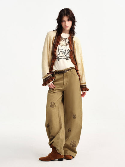 OuttheBlue Stamp Cat Print Contrast Lace Women&