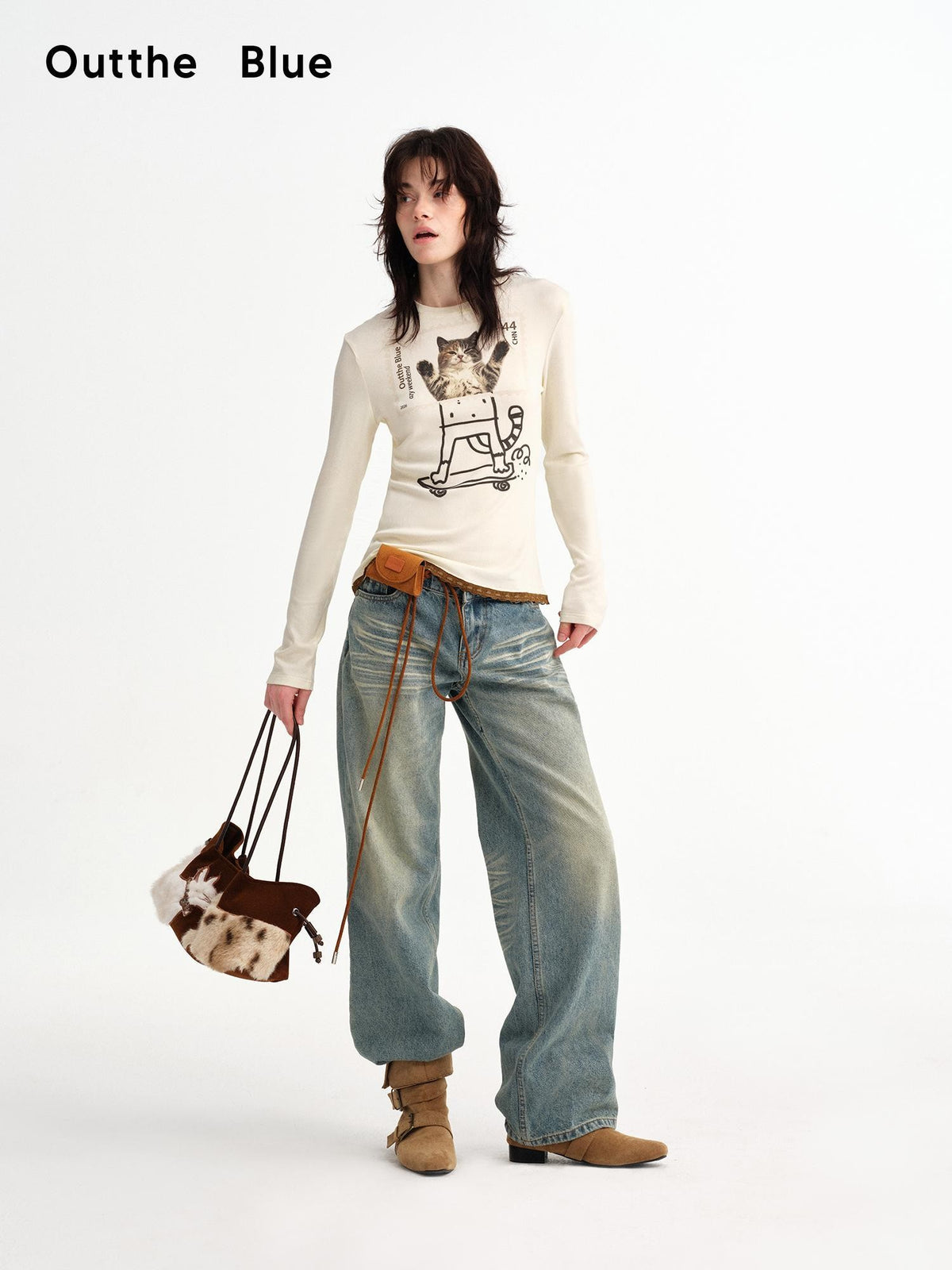 OuttheBlue Stamp Cat Print Contrast Lace Women&