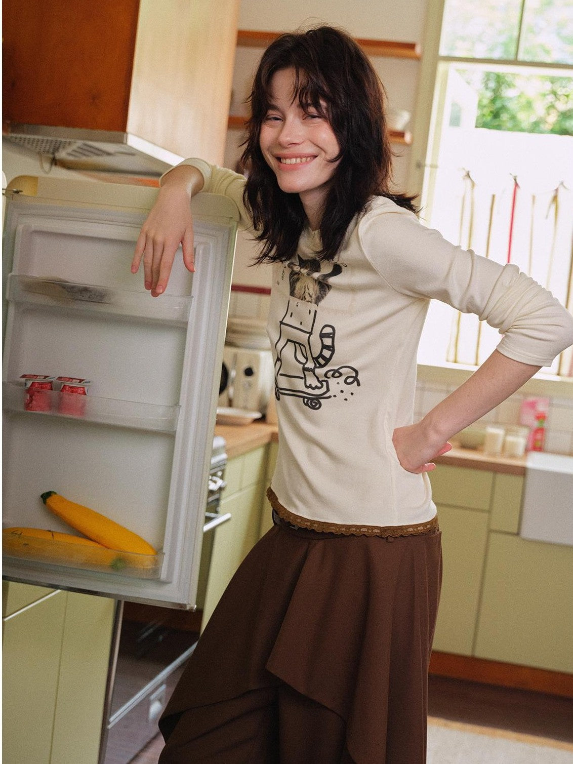 OuttheBlue Stamp Cat Print Contrast Lace Women&