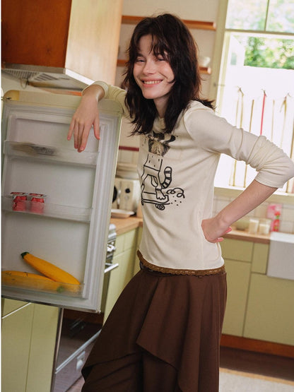 OuttheBlue Stamp Cat Print Contrast Lace Women&