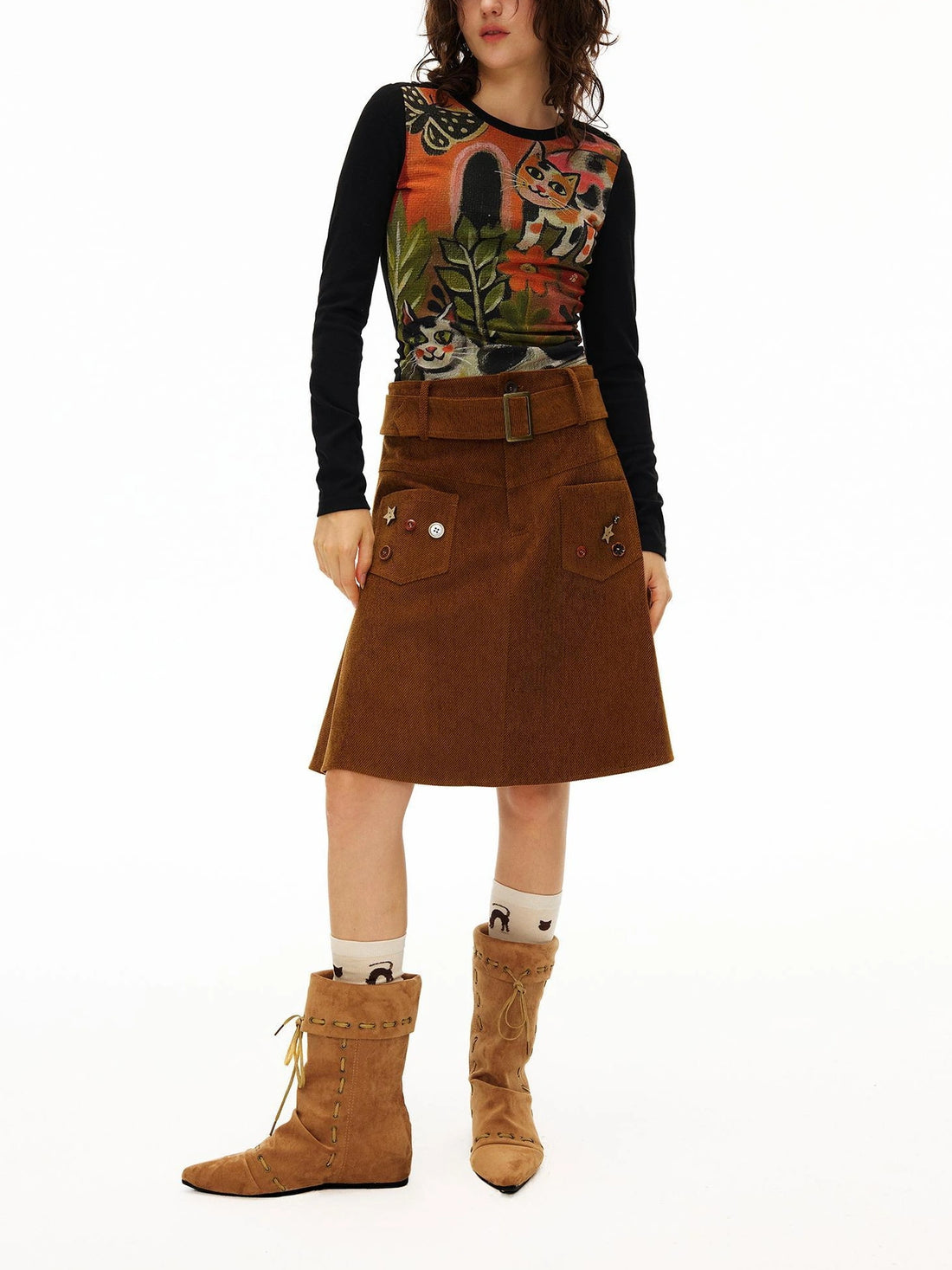 OuttheBlue Starry Corduroy A Line Midi Skirt