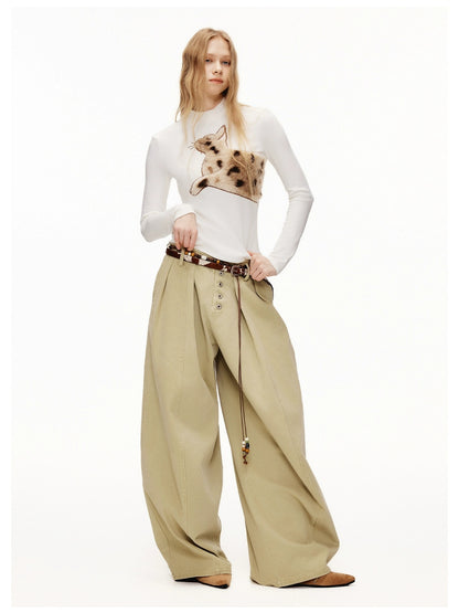 OuttheBlue Stretch Cotton Blend Slim Long Sleeve Half High Neck Patch Animal Print T-Shirt