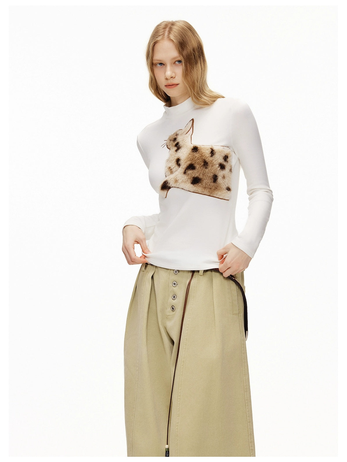 OuttheBlue Stretch Cotton Blend Slim Long Sleeve Half High Neck Patch Animal Print T-Shirt