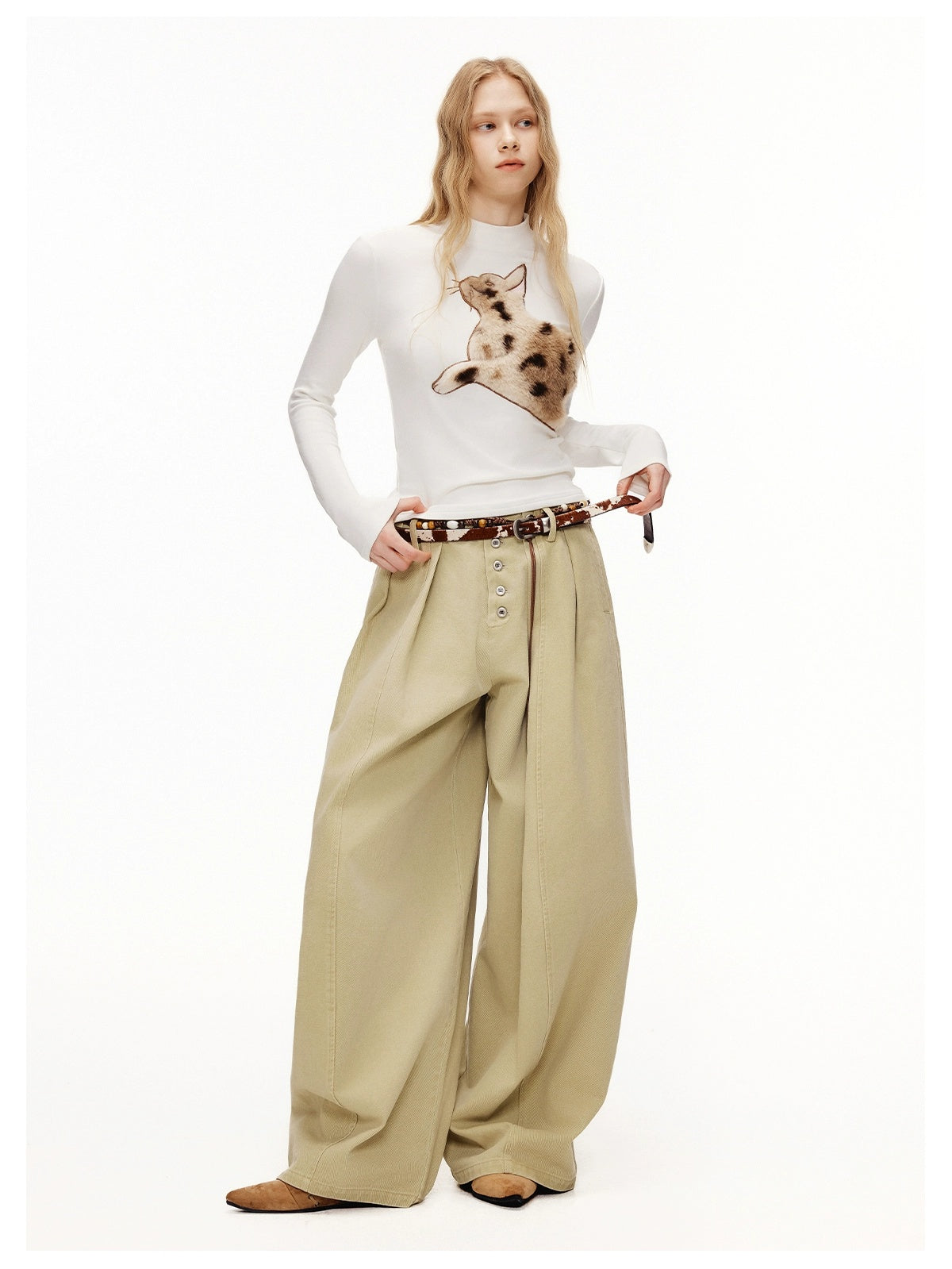 OuttheBlue Stretch Cotton Blend Slim Long Sleeve Half High Neck Patch Animal Print T-Shirt