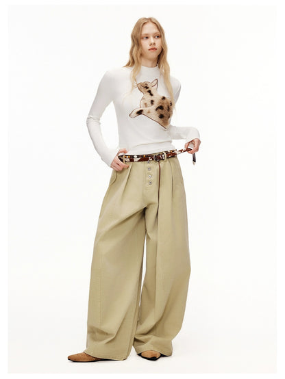 OuttheBlue Stretch Cotton Blend Slim Long Sleeve Half High Neck Patch Animal Print T-Shirt