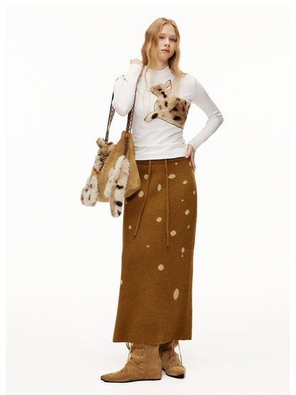 OuttheBlue Stretch Cotton Blend Slim Long Sleeve Half High Neck Patch Animal Print T-Shirt