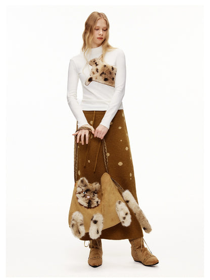 OuttheBlue Stretch Cotton Blend Slim Long Sleeve Half High Neck Patch Animal Print T-Shirt