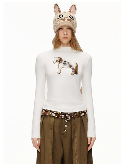 OuttheBlue Stretch Cotton Blend Slim Long Sleeve Half High Neck Patch Animal Print T-Shirt