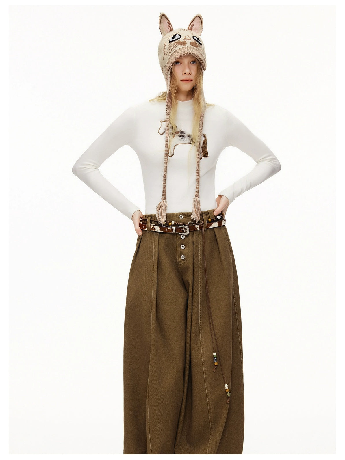 OuttheBlue Stretch Cotton Blend Slim Long Sleeve Half High Neck Patch Animal Print T-Shirt