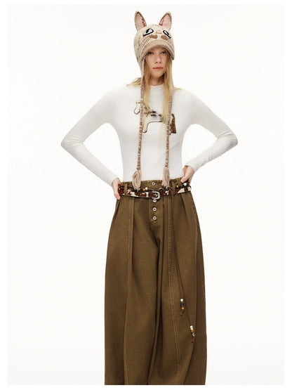 OuttheBlue Stretch Cotton Blend Slim Long Sleeve Half High Neck Patch Animal Print T-Shirt