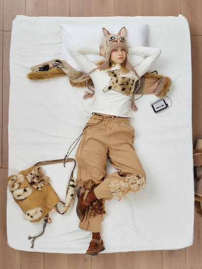 OuttheBlue Stretch Cotton Blend Slim Long Sleeve Half High Neck Patch Animal Print T-Shirt