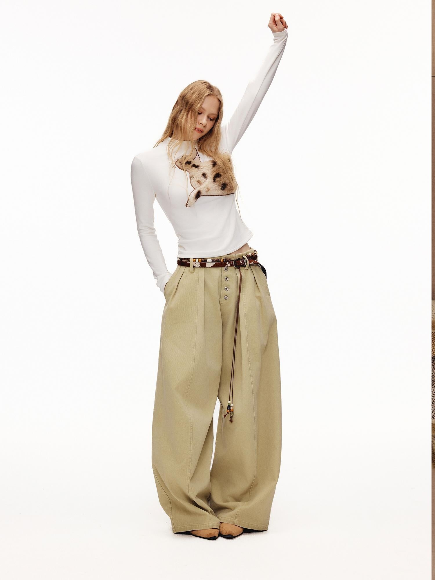 OuttheBlue Stretch Cotton Blend Slim Long Sleeve Half High Neck Patch Animal Print T-Shirt