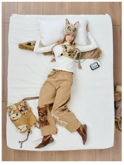 OuttheBlue Stretch Cotton Blend Slim Long Sleeve Half High Neck Patch Animal Print T-Shirt