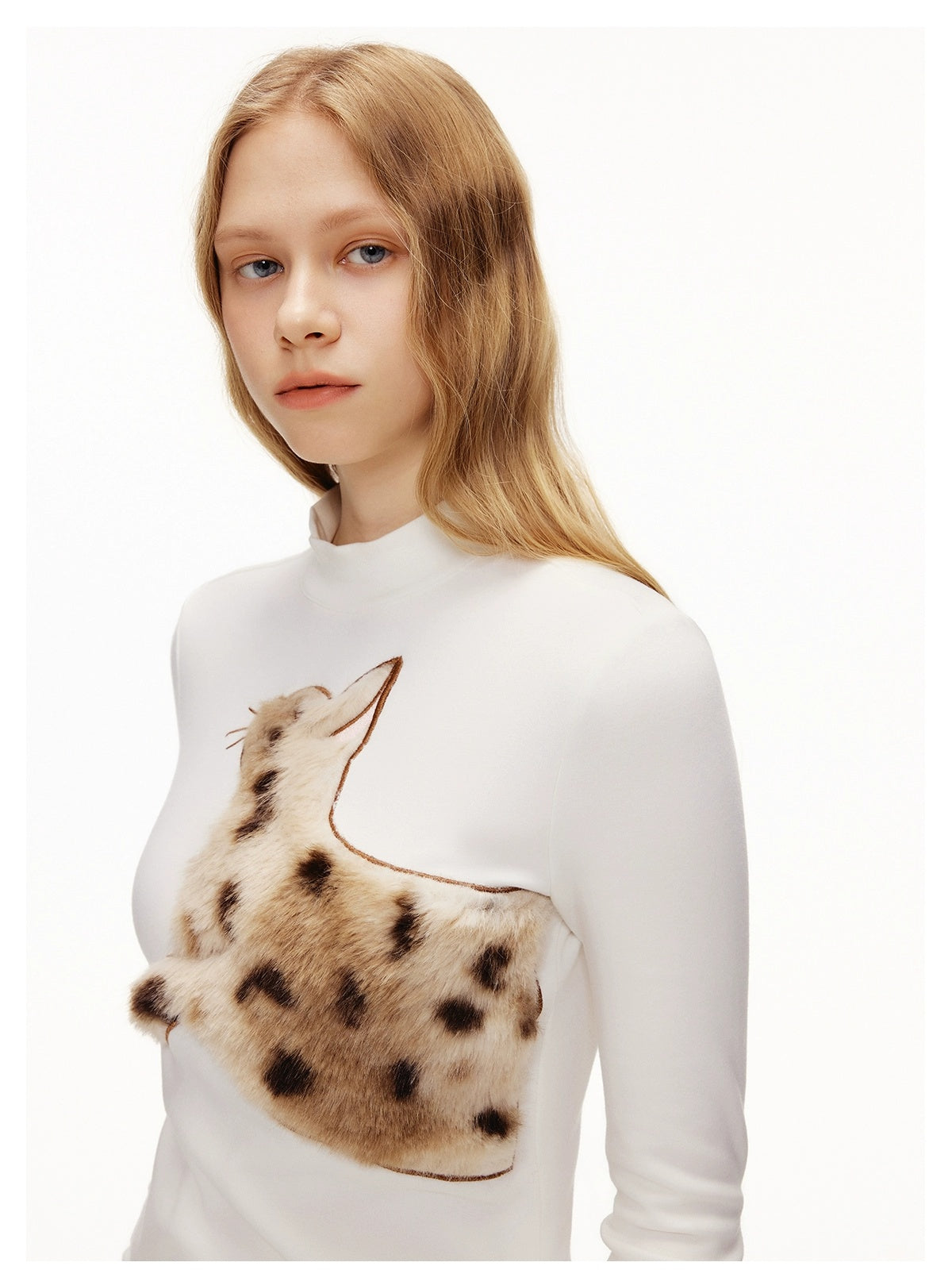 OuttheBlue Stretch Cotton Blend Slim Long Sleeve Half High Neck Patch Animal Print T-Shirt