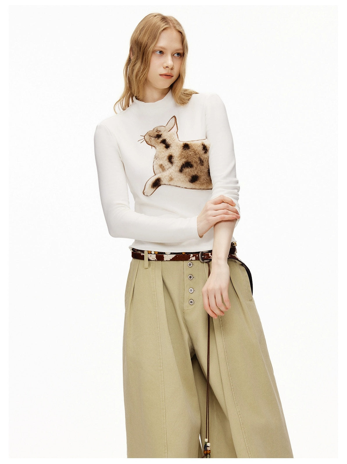 OuttheBlue Stretch Cotton Blend Slim Long Sleeve Half High Neck Patch Animal Print T-Shirt