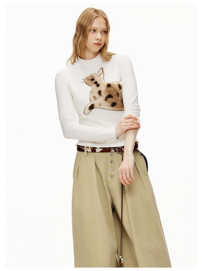 OuttheBlue Stretch Cotton Blend Slim Long Sleeve Half High Neck Patch Animal Print T-Shirt