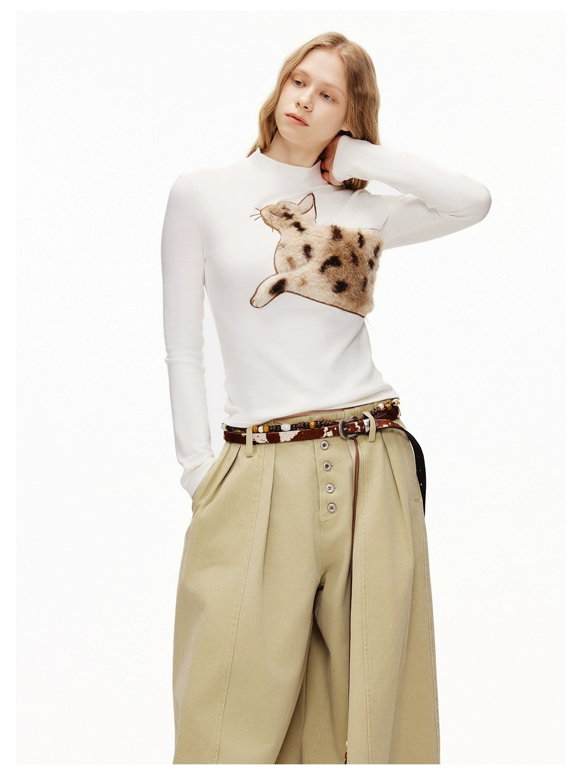 OuttheBlue Stretch Cotton Blend Slim Long Sleeve Half High Neck Patch Animal Print T-Shirt