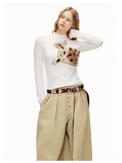 OuttheBlue Stretch Cotton Blend Slim Long Sleeve Half High Neck Patch Animal Print T-Shirt