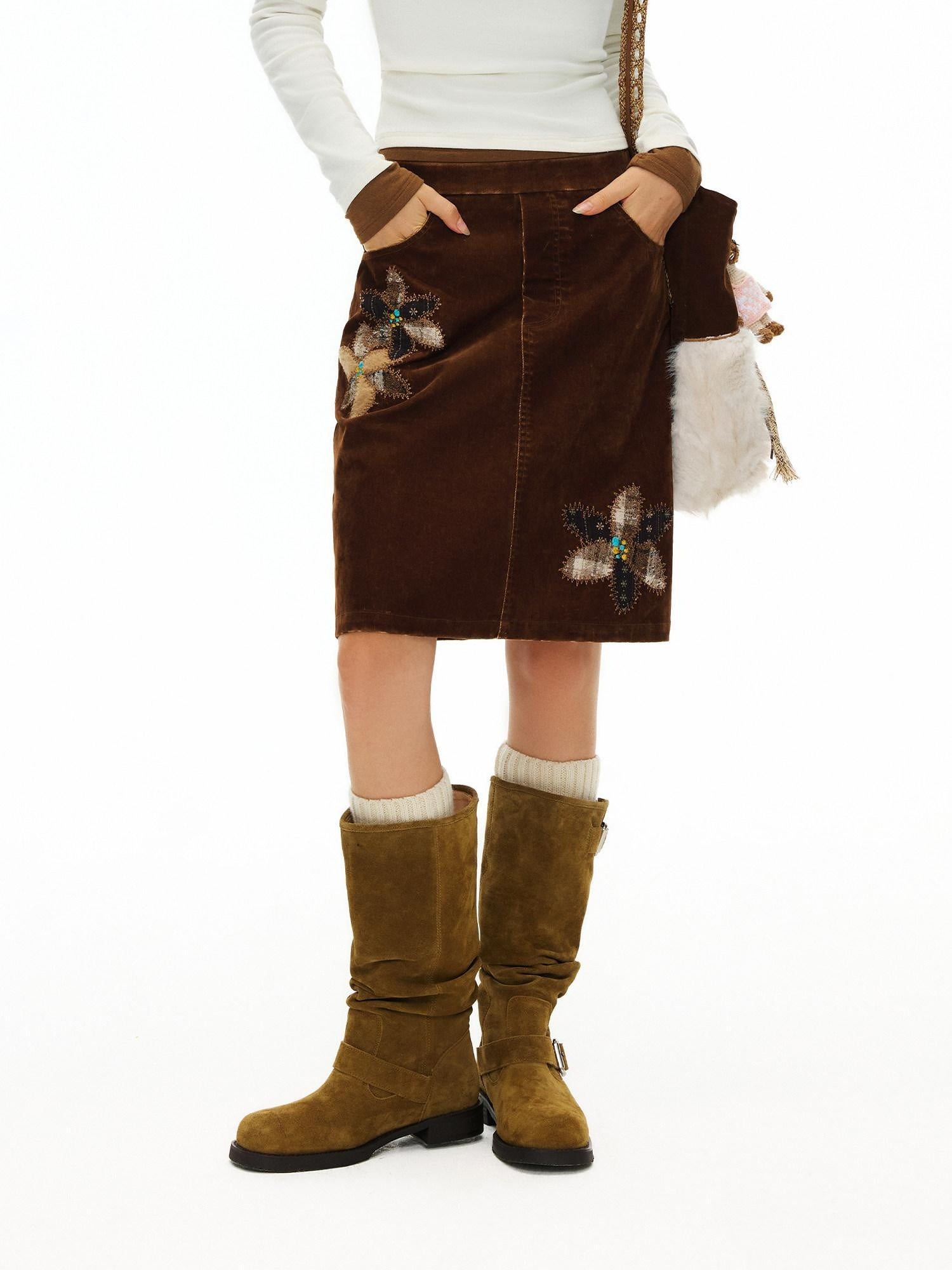 OuttheBlue Stretch High Waist A Line Patchwork Flocked Cotton Caramel Mini Skirts