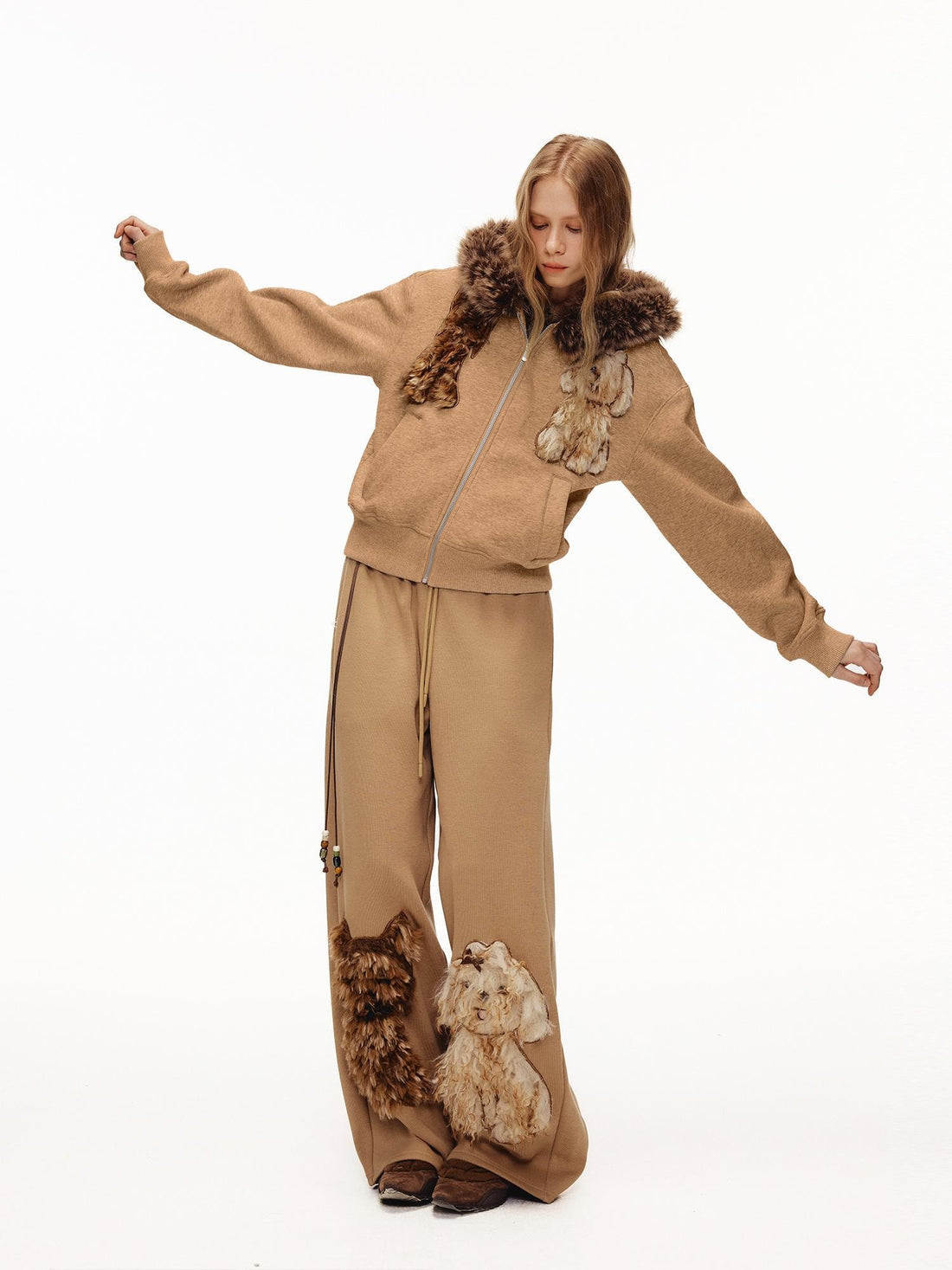 OuttheBlue Stretch Poly Cotton Loose Fit Zip Hooded Cardigan Women Cartoon Camel Hoodies