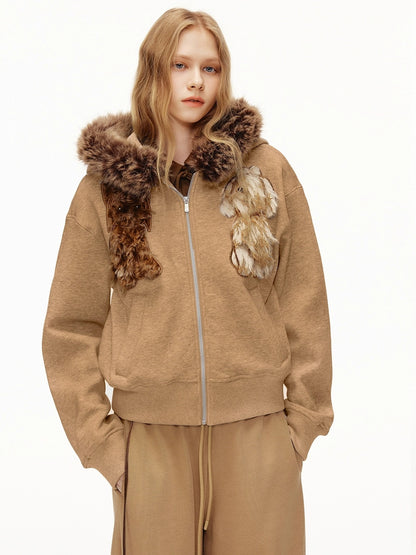 OuttheBlue Stretch Poly Cotton Loose Fit Zip Hooded Cardigan Women Cartoon Camel Hoodies