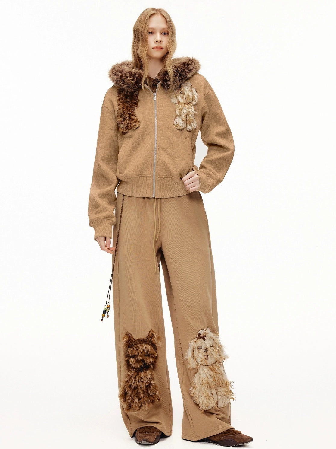 OuttheBlue Stretch Poly Cotton Loose Fit Zip Hooded Cardigan Women Cartoon Camel Hoodies