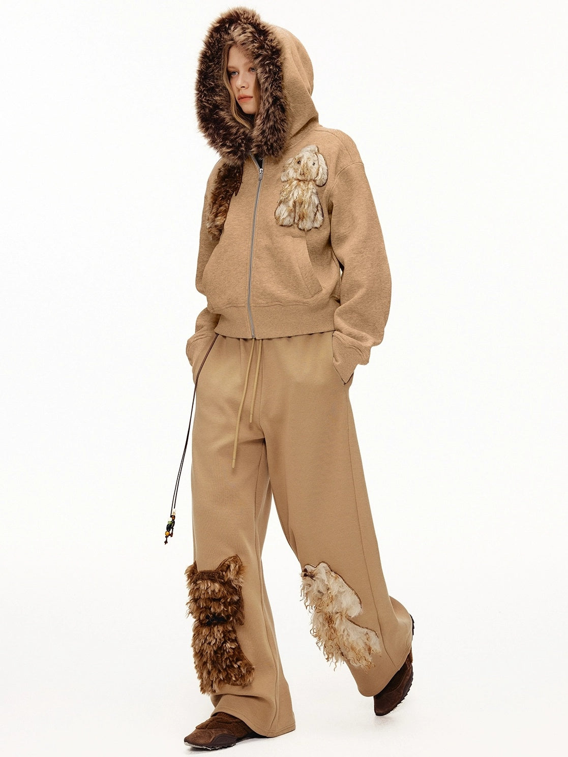 OuttheBlue Stretch Poly Cotton Loose Fit Zip Hooded Cardigan Women Cartoon Camel Hoodies