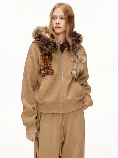 OuttheBlue Stretch Poly Cotton Loose Fit Zip Hooded Cardigan Women Cartoon Camel Hoodies