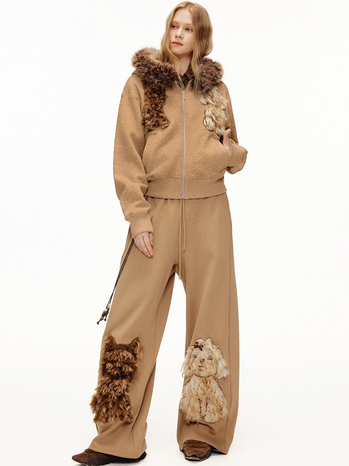 OuttheBlue Stretch Poly Cotton Loose Fit Zip Hooded Cardigan Women Cartoon Camel Hoodies