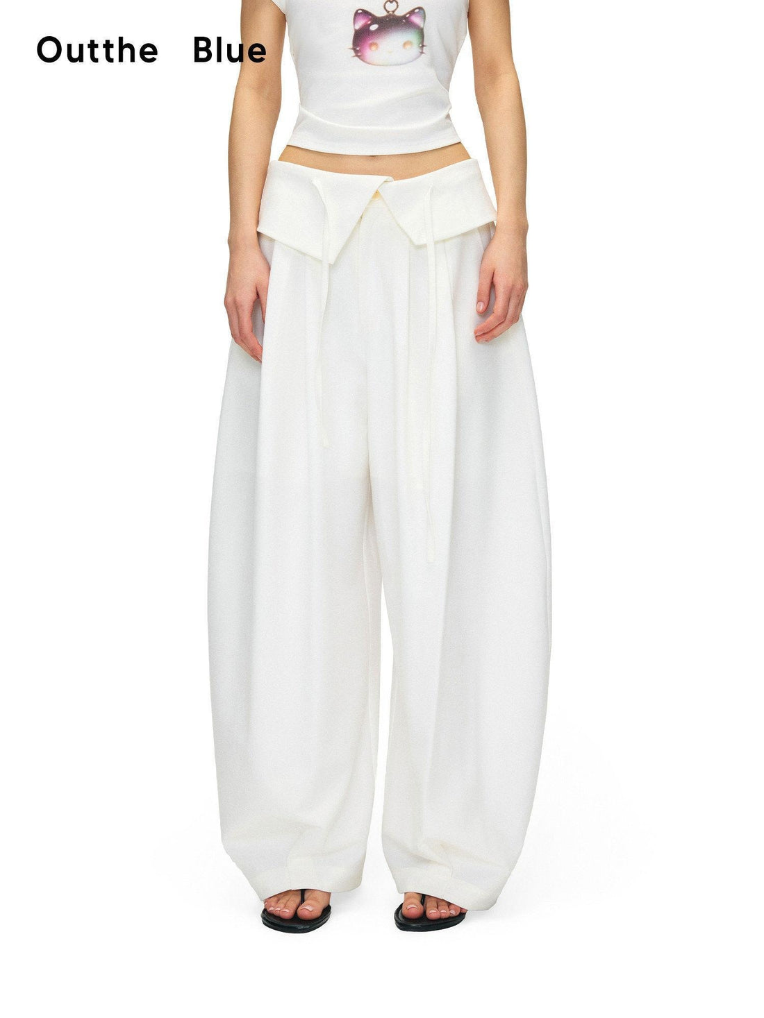 OuttheBlue Stretch Polyester Blend Natural Waist Casual White Women Wide-Leg Pants